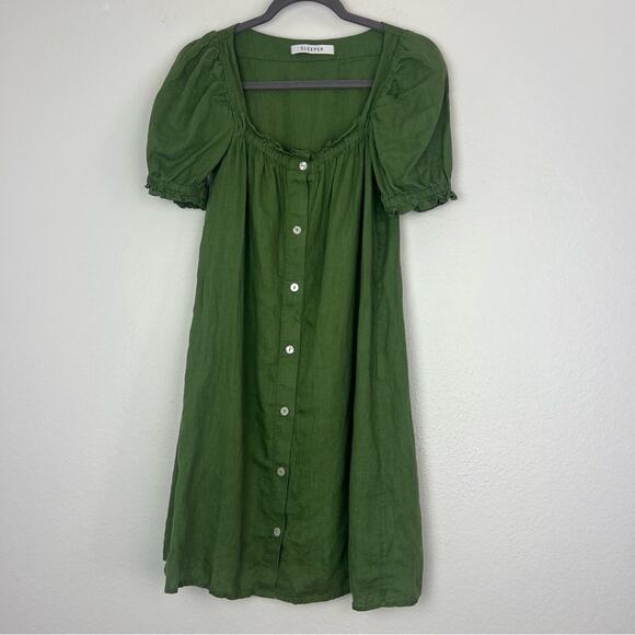 Sleeper | Brigitte 100% Linen Mini Dress Puff Sleeves Button Down Olive Green S - Picture 2 of 9